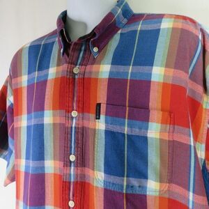 Vintage Chaps Ralph Lauren Plaid Shirt Mens X Red Blue Cotton Short Sleeve Stain